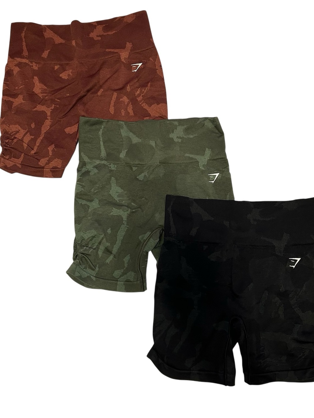 Bundle of 3 Gymshark Adapt Camo Seamless Shorts Green Black and Orange